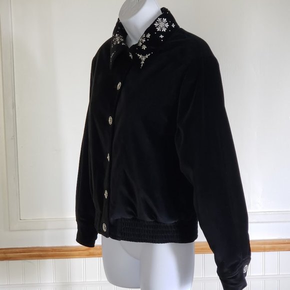 SOLD ST.JOHN SPORT Womens Bomber Jacket XS Black Velvet Embroidered Snowflake - Picture 3 of 12